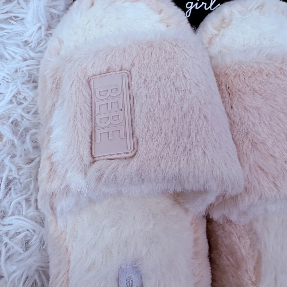 NWT Bebe Girl Plush fuzzy pink & white comfy slide Slippers size 4.5 & 2.5